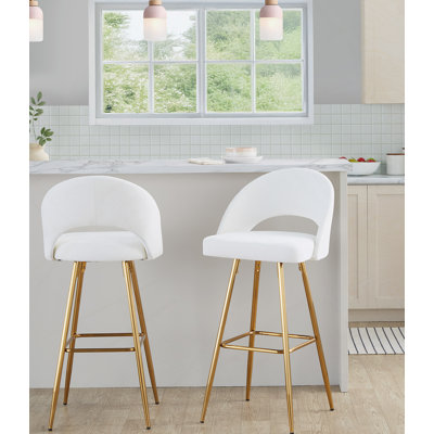 Tabouret de bar à hauteur fixe en métal doré et tissu crème avec repose-pieds carré - ensemble de 2