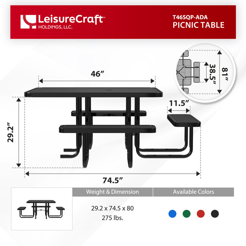 Table de pique-nique carrée 46 po avec 3 sièges et banc de loisirs ADA, Noir, noir, noir, noir
