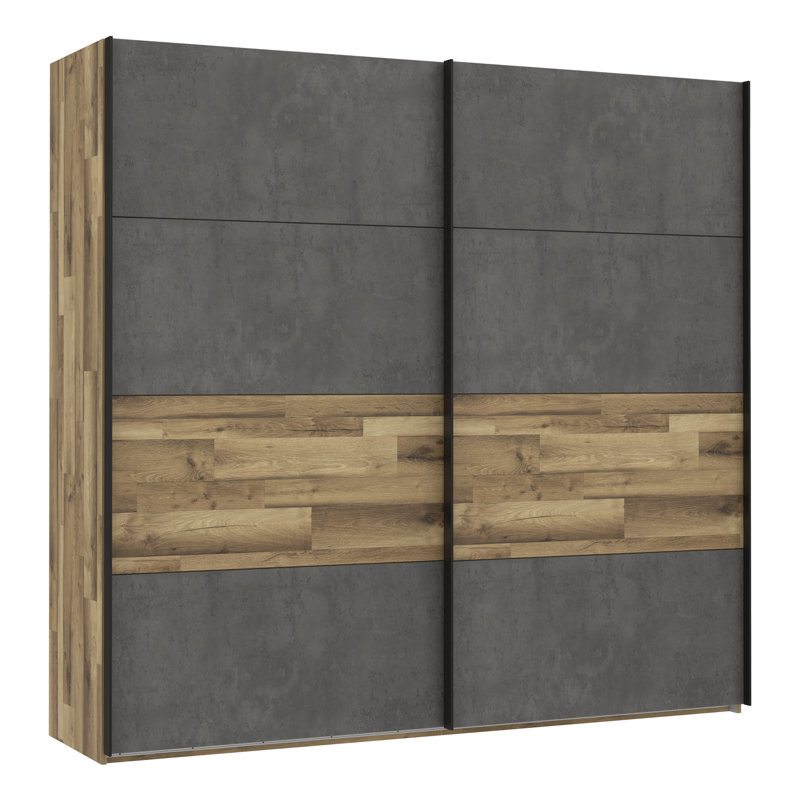 Huguley 2 Door Manufactured Wood Wardrobe, 210.5cm H x 220.1cm W x 61.2cm D, Dark Grey/Oak