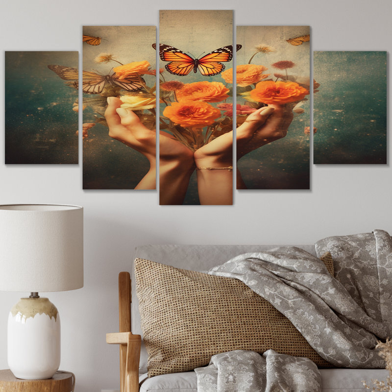 «Blossoming Butterfly Blessing Mudra III», reproduction d'art sur toile de yoga - 5 panneaux