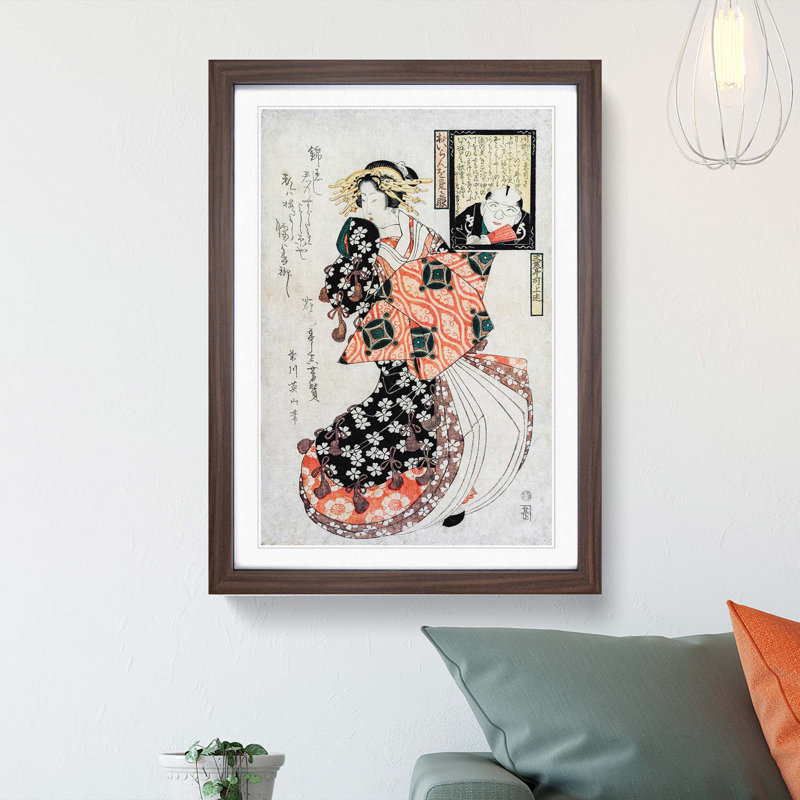 Looking at a Courtesan by Kikukawa Eizan - Picture Frame Painting Print, Walnut Framed, 65cm H x 48cm W x 2cm D