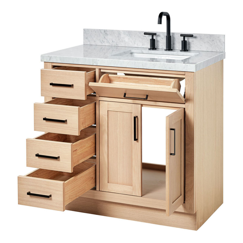Meuble-lavabo simple en bois massif 36 po Tidworth avec plateau en marbre de Carrare 1,5 po, Oui, Forme rectangulaire