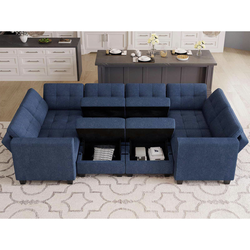 Soneson Ivery 116.6'' Sectional Couch Sleeper Module Polyester Blend Sofa Bed with Storage Seat Ottoman, Blue Polyester Blend