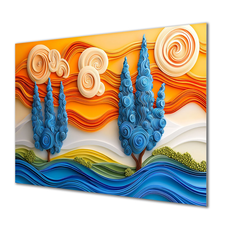 «Blue and Orange River Into The Valley II» - pointillisme, décoration murale en métal, impression moderne sur métal