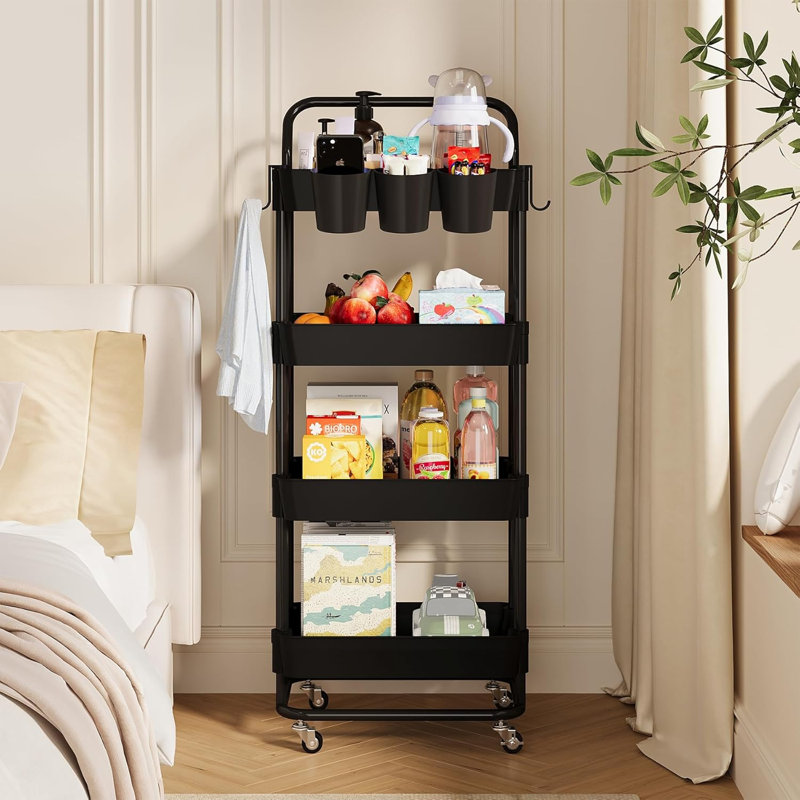 Chariot utilitaire roulant à 4 niveaux avec poignée, roulettes verrouillables, panier de suspension et crochet - Organisateur de rangement polyvalent pour le bureau, la cuisine, la salle de bain