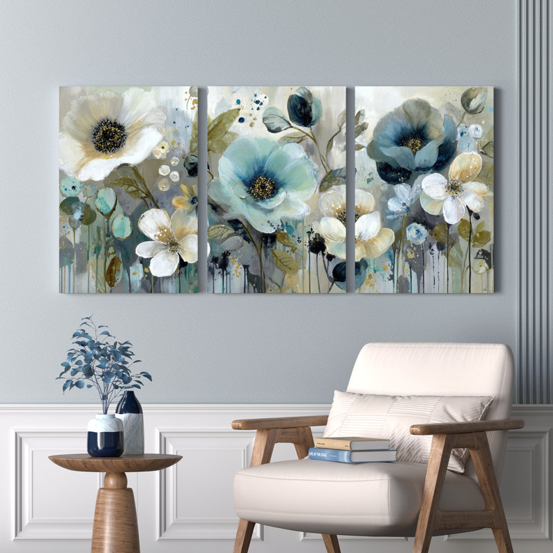 Ensemble de 3 tableaux abstraits floraux bleus et blancs sur toile tendue
