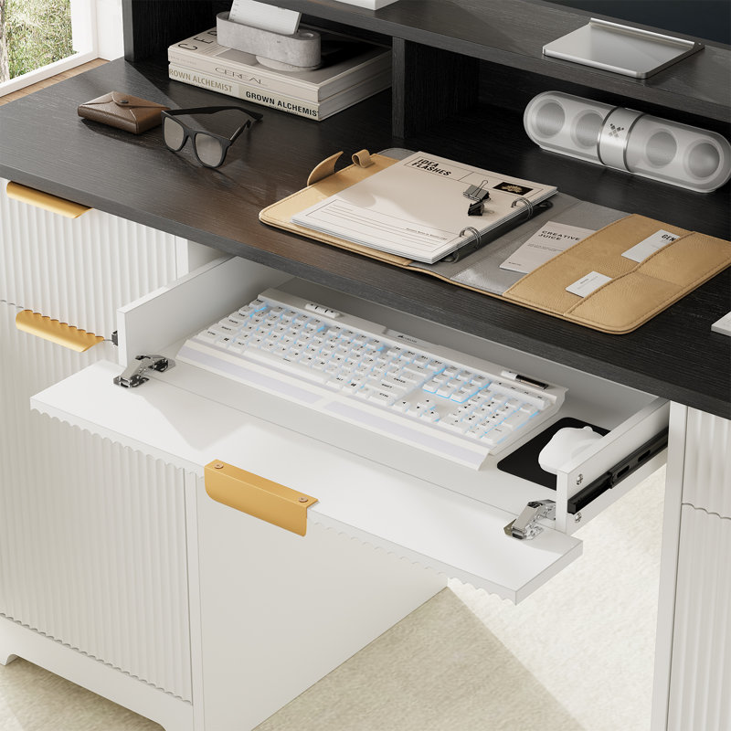 59" Home Office Desk with Charging Station, Fluted Computer Desk With Keyboard Tray & Adjustable Shelves, Executive Desk For Study, Living Room, Bedroom