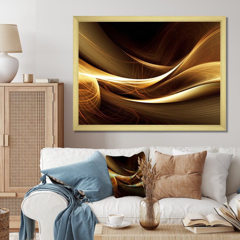 Canapé doré élégant moderne I - art moderne abstrait encadré par vagues, Toile encadrée dorée avec coins fermés