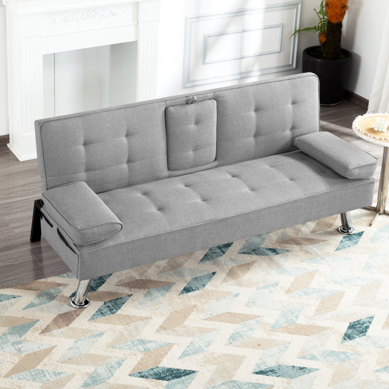 Ebern Designs 65.3” Futon Sleeper Sofa Bed,Removable Arm Pad, Light Gray