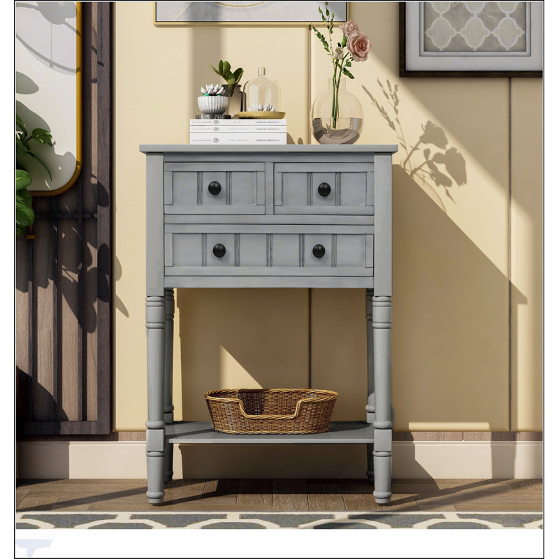Console étroite avec trois tiroirs de rangement et une tablette inférieure pour le salon, facile à assembler, élégante et peu encombrante