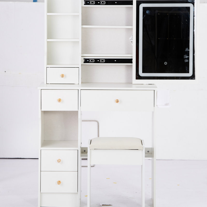 29.2" Left Drawer Vanity With Cushioned Stool, Built - In 2 Ac+2 Power Station, Hair Dryer Bracket, Extra Large Touch Switch Led Mirror Tri Color Lighting And Adjustable Brightness, For Small