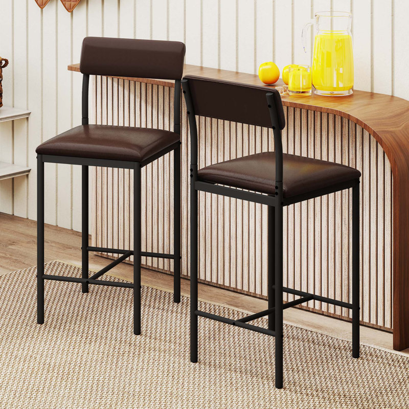 Set of 2 Industrial Bar Stools with Padded Seat and Back, Brown