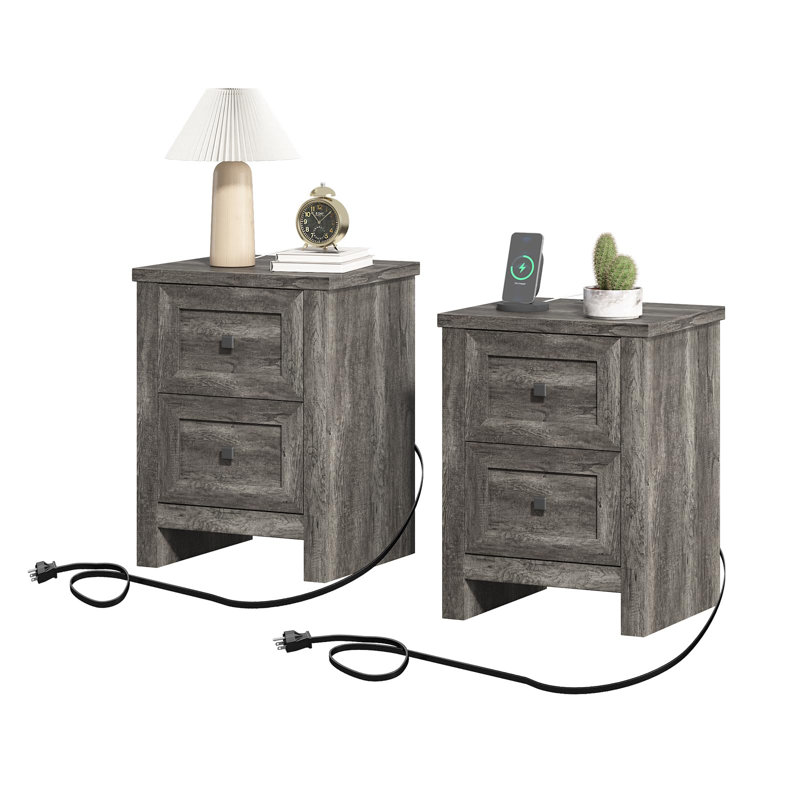 Nightstand With Charging Station, Farmhouse End Table, Gray
