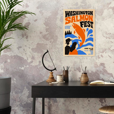 Washington Salmon Jump Retro Vintage Abstract Fish Nature Landscape Wall Art Print