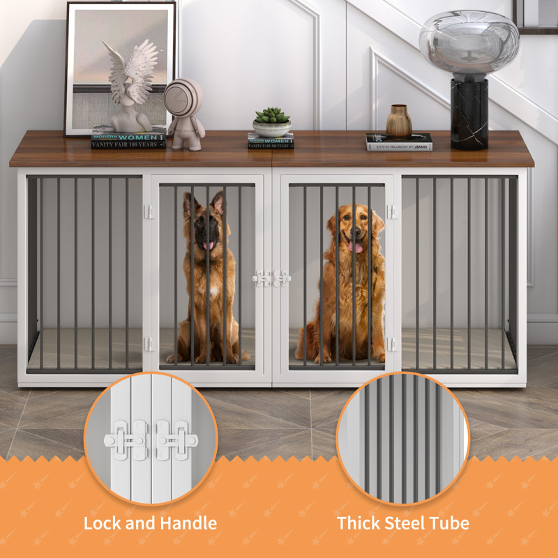 Large White Steel Frame Dog Crate Furniture with Double Doors