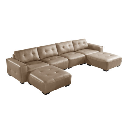 Modern Leather 6-Piece Classic U shaped Sleeper Sectional with Two Large Ottomans Chaise