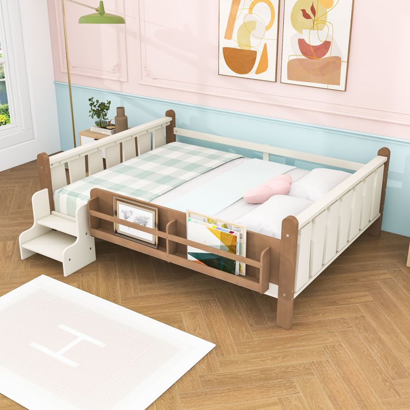 Lit plateforme en bois pour enfants avec bibliothèques de rangement, Lit double, Beige