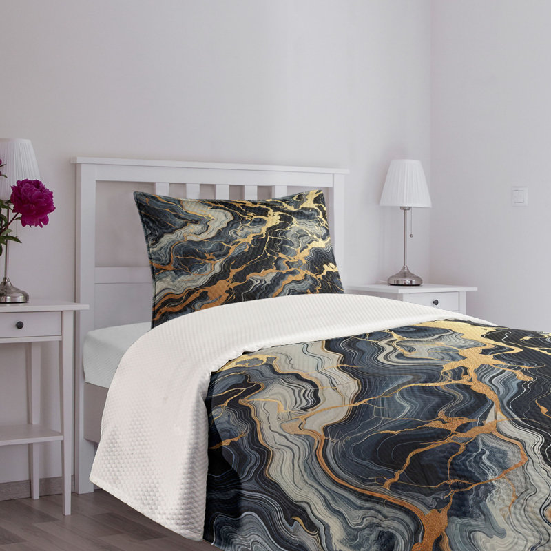 Twin Quilted Bedspread Set with Orange and Slate Blue Marble Print