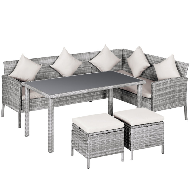Ensemble de conversation avec canapé en rotin 5 pièces Naydeline, Gris clair, Blanc crème