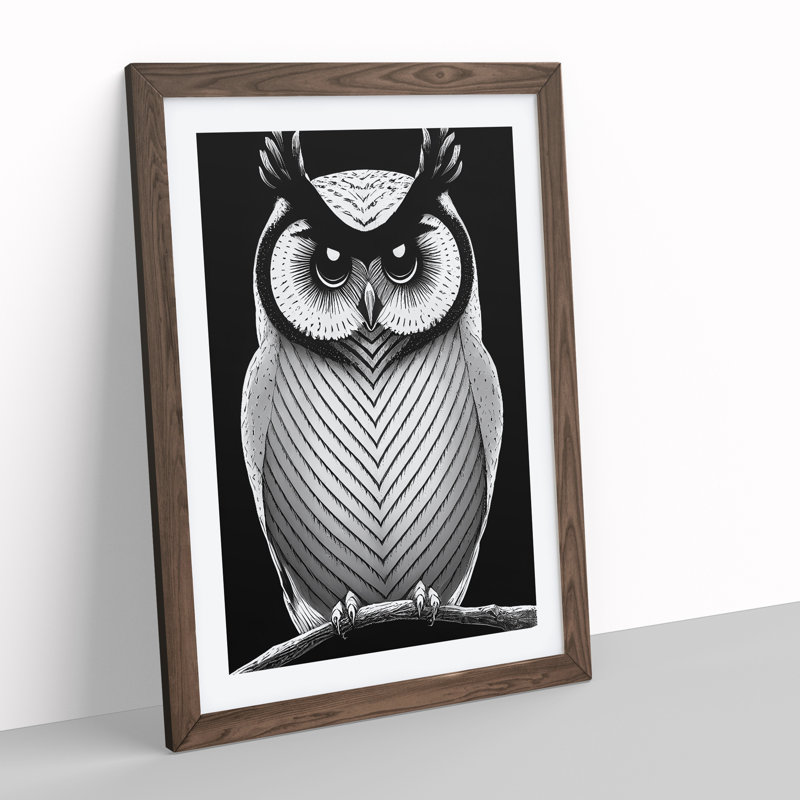 Owl in Monochrome - Framed Print, 64cm H x 46cm W x 2cm D, Walnut