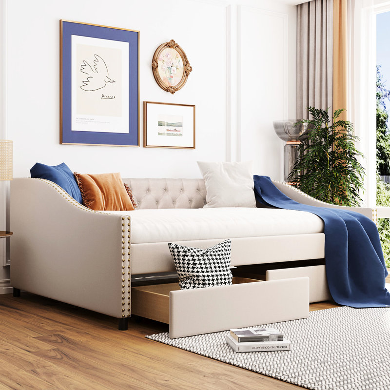 Beige Upholstered Daybed With Two Practical Drawers & Stable Wood Slat Frame - Upgrade Your Bedroom Decor Full Size Versatile Base Customize Living Area