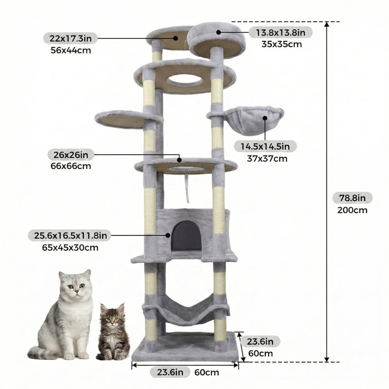 Tour pour chat gris clair, 78,8 pouces de hauteur, base large, grand condo fermé, comprend 12 poteaux à griffer en sisal, grand hamac, plateforme spacieuse, nombreux perchoirs et jouet interactif