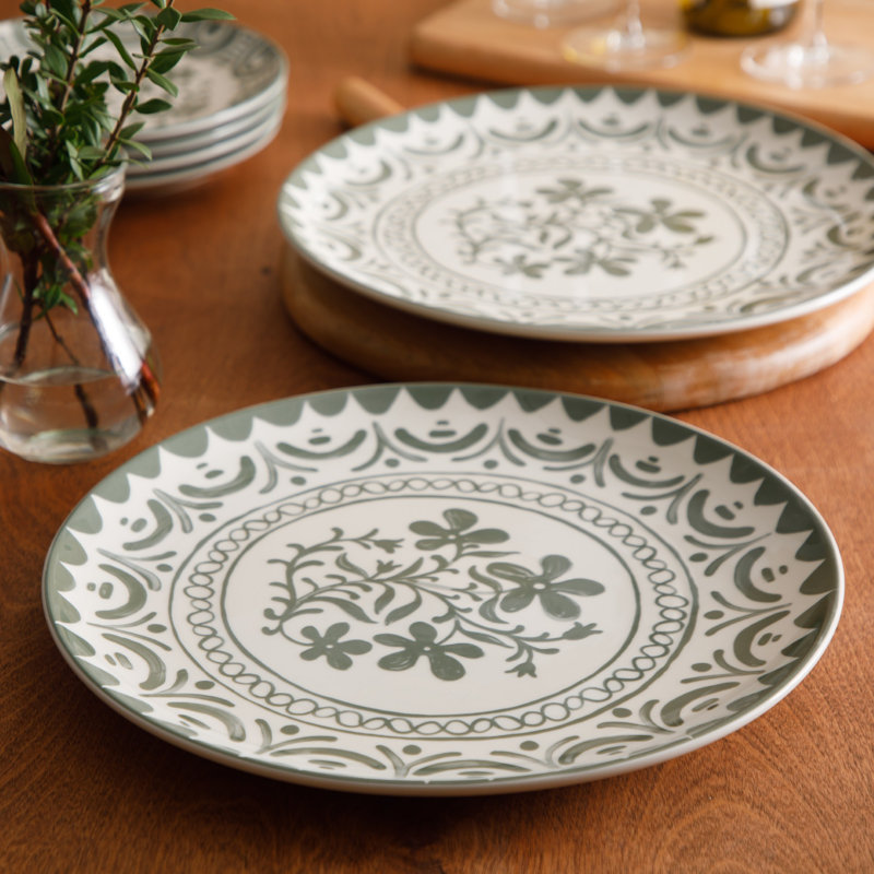 Bloomhouse - 2-Time Oprah’s Favorite Things - Ensemble de plat de service 2 pièces 13 po Valencia Flor, motif décoratif floral en grès, va au micro-ondes et au lave-vaisselle, vert fougère