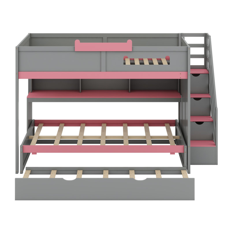 Lit superposé multifonctionnel avec lit gigogne caché, escalier escamotable, tablettes de présentation et éclairage DEL, Gris