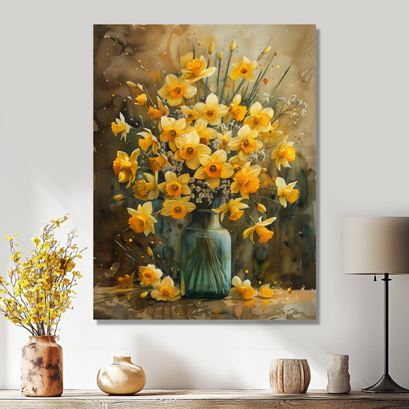 Jonquilles de ferme jaune dans un vase I - Décoration murale jonquilles, Toile tendue, H 24 po x l 32 po