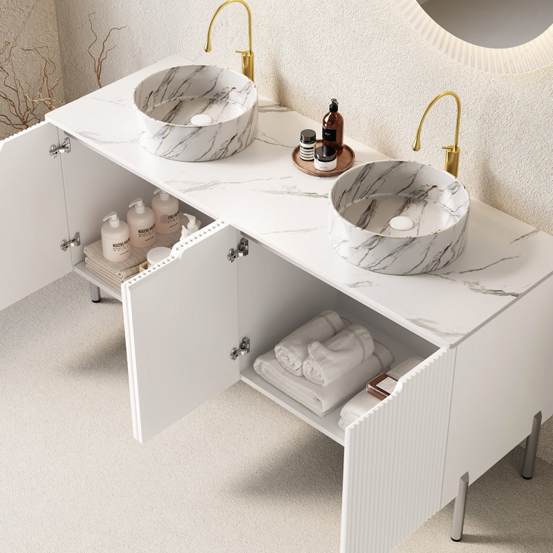 Meuble-lavabo autoportant de 60 po avec lavabos en pierre blancs en céramique, système à 4 portes, comptoir, armoire de rangement à fermeture en douceur, éviers, système encastré