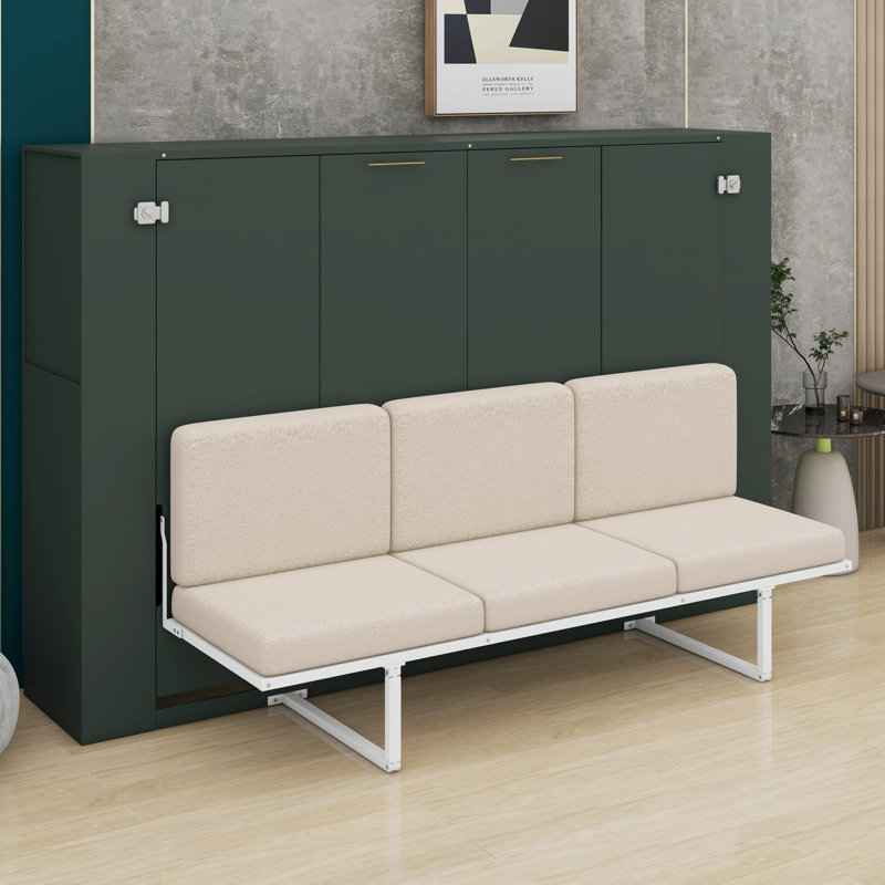 Le lit escamotable avec canapé combine des étagères de rangement et des ports USB de chargement dans un design moderne et épuré.