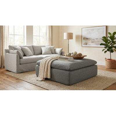  Sunset Trading Contemporary Puff Collection 44" Square Slipcovered Sectional Modular Ottoman | Performance Fabric Washable Water-Resistant Stain-Proof | Oversized Down Filled Large Sofa Footrest | Slate Grey