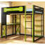 Lit mezzanine en bois pleine grandeur avec bureau, tablettes, prises de courant, ports USB / Type-C et lumière RVB, noir et vert