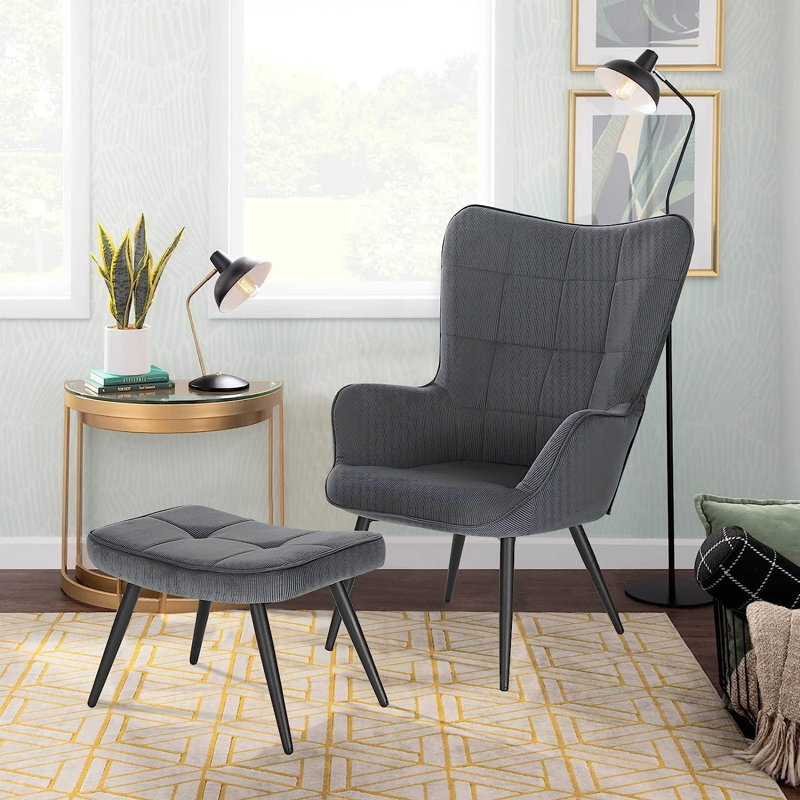 Nevin Velvet Accent Chair with Footstool, Grey