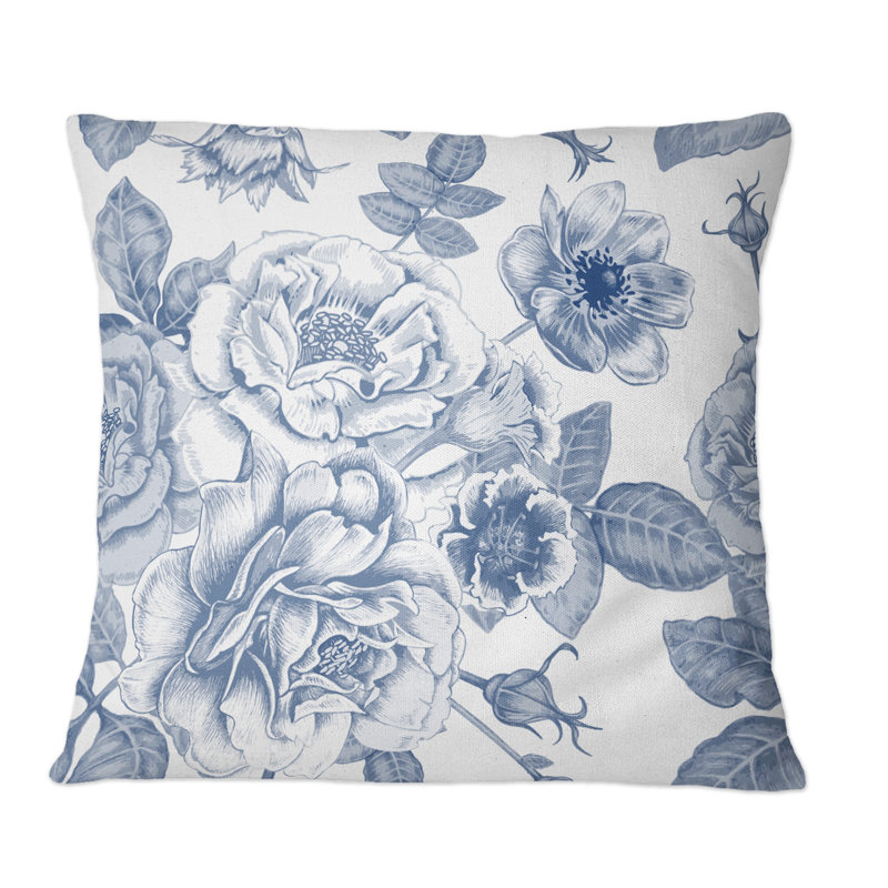 Coussin décoratif blanc à motif de fleurs blanches sur fond bleu classique II, 16 po x 16 po