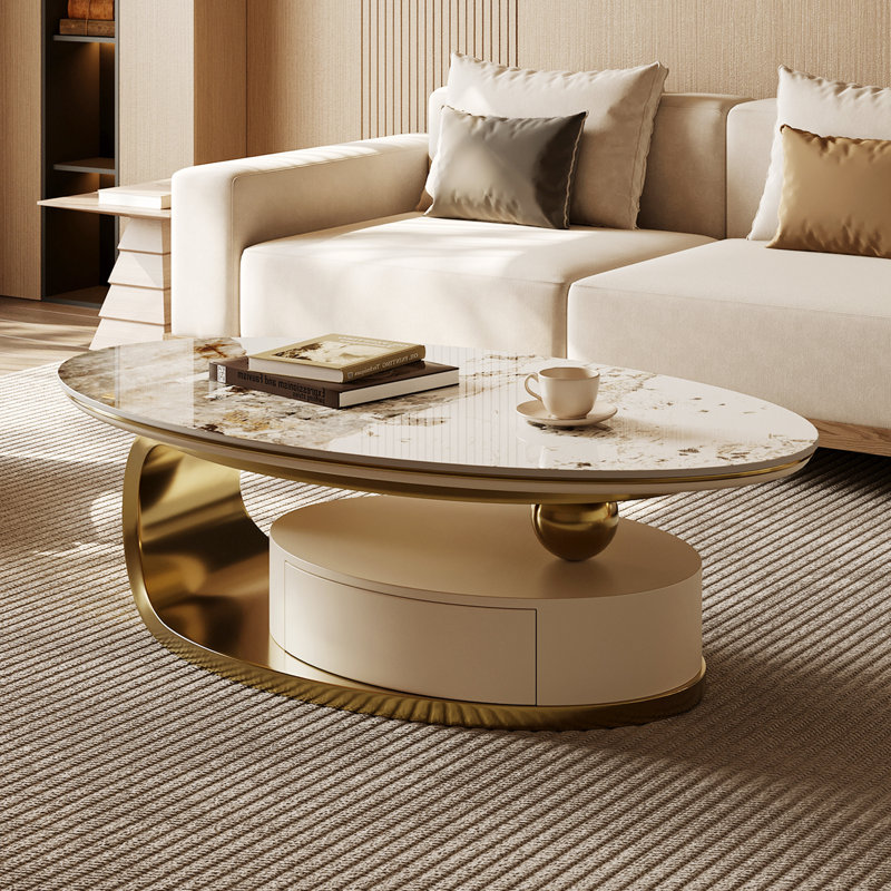 Labana 51" Modern Oval Coffee Table, Glossy Pandora Sintered Stone Top, Gold Living room Coffee Table with Drawer