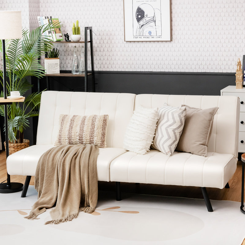 Camisha Twin 70'' Faux Leather Convertible Sofa, White Faux Leather