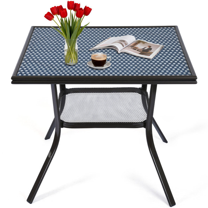 35.4" Square Outdoor Bistro Table, PE Rattan Patio Side Table with Storage Shelf, Outdoor Dining Table for Garden Balcony, Blue