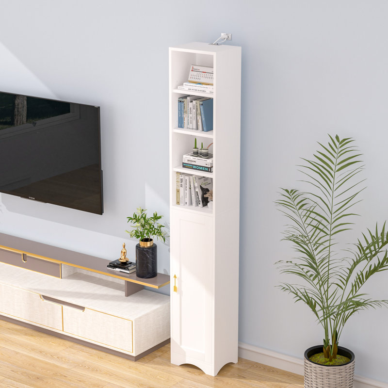 Melgarejo 71" Tall Narrow Bookcase With Doors Storage, Minimalist Corner Bookcase With Storage Cabinet, Free Standing Cube Media Tower Rack For Small Spaces