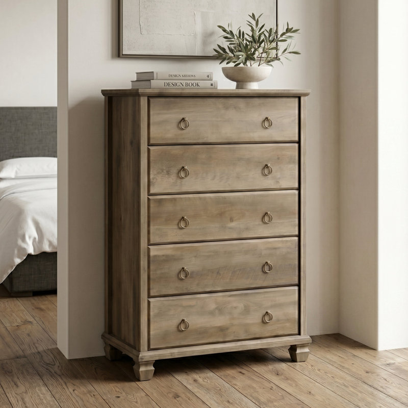 Commode haute traditionnelle Weston de 79,2 cm de largeur, à 5 tiroirs, avec pattes en bois massif, pour chambre à coucher