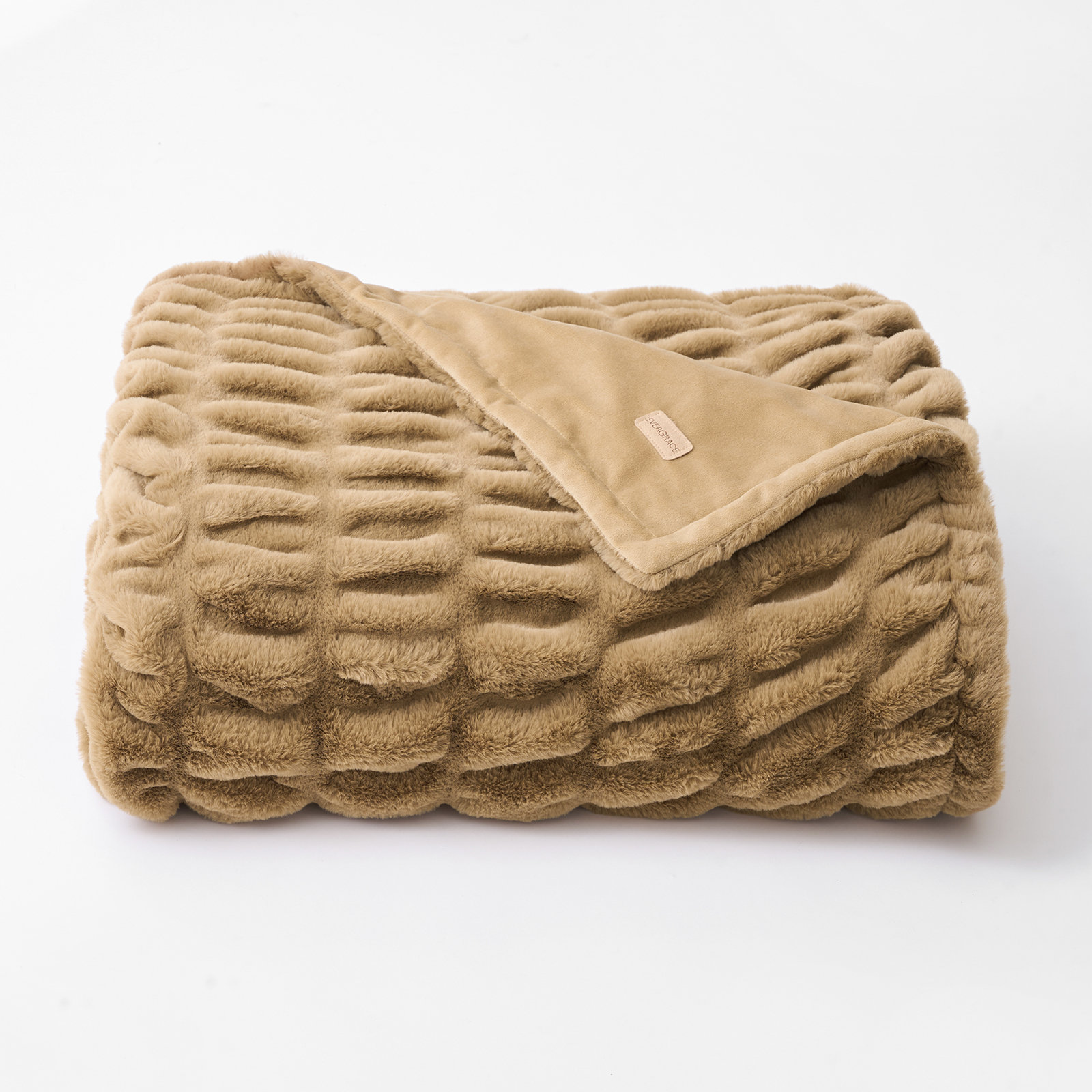 Ruched Bubble Faux Fur Throw Blanket, 60" W x 80" L, Camel