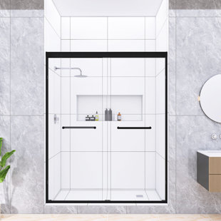 56-60 In. W X 75 In. H Double Sliding Shower Door, Matte Black Aluminium Alloy Frame, 1/4" (6Mm) Tempered Glass