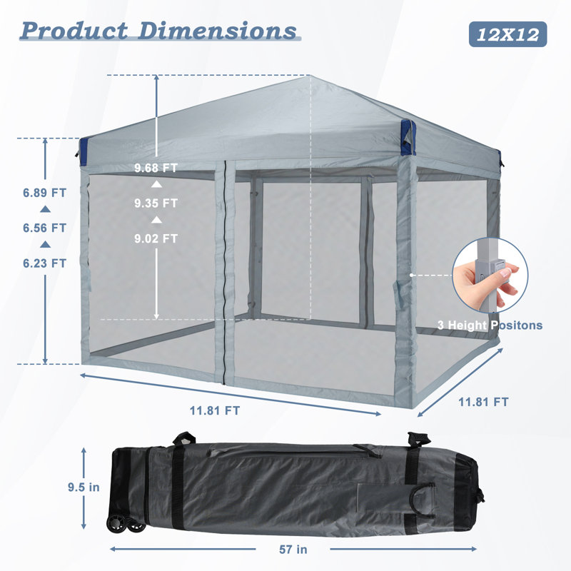 Gray 12 Ft Iron Pop-Up Canopy with Mesh Sidewalls and Roller Bag