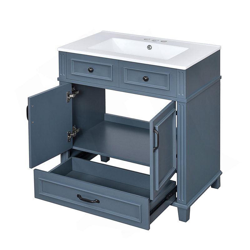 Meuble-lavabo à cadre en bois massif de 30 pouces avec lavabo en céramique et portes à fermeture douce pour un rangement durable