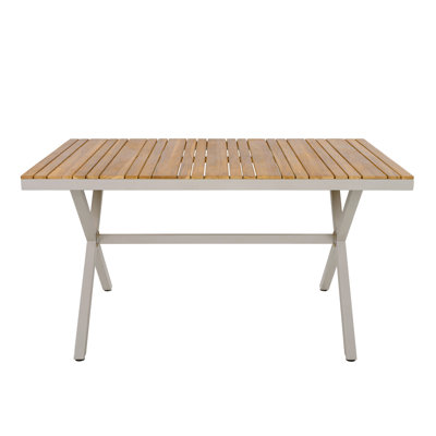 Teak Wood Top with Beige Steel Frame Outdoor Dining Table, 55.12" Rectangular Patio Table with X-Shaped Legs, Weather-Resistant for Backyard, Garden, Deck and Poolside