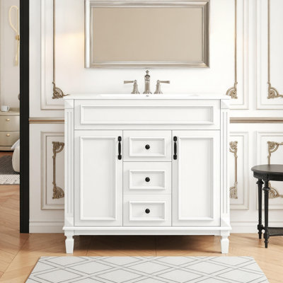 Meuble-lavabo 36 po avec lavabo supérieur, armoire de rangement moderne avec 2 portes à fermeture douce et 2 tiroirs, meuble-lavabo simple 