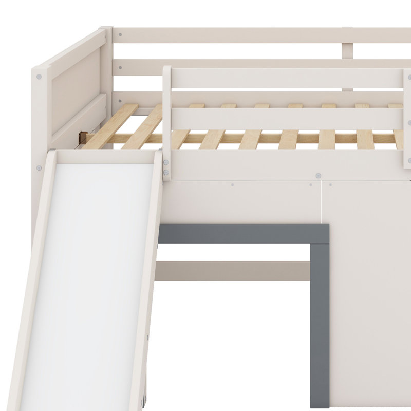 Low Loft Bed With Slide,Three Storage Drawers And Two Doors, Beige/Gray