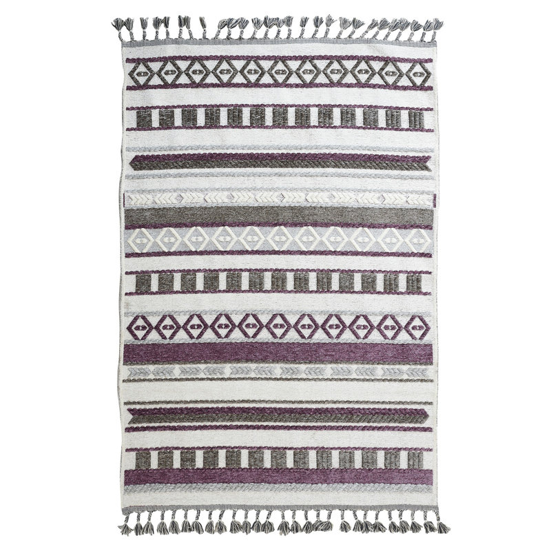 Tapis marocain en coton kilim gris clair / mauve Quintara, Rectangle 6 pi 7 po x 9 pi 6 po