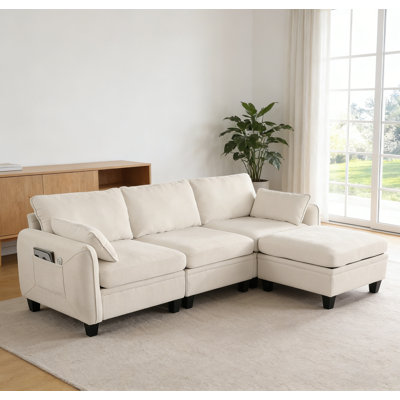 85 Inch Beige Chenille Modular Sectional Sofa, L-Shaped Cloud Couch with Storage Ottoman, DIY Combination for Living Room