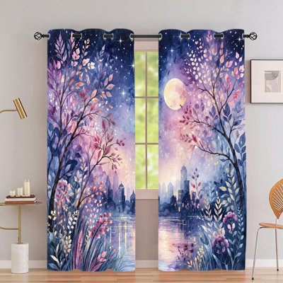 2 pièces avec œillets, rideaux occultants, étoiles de la lune, silhouette d'arbre à imprimé aquarelle, rideaux isolants thermiques, réduction du bruit et protection de la vie privée, rideaux obscurcissants pour la chambre à coucher, décoration intérieure